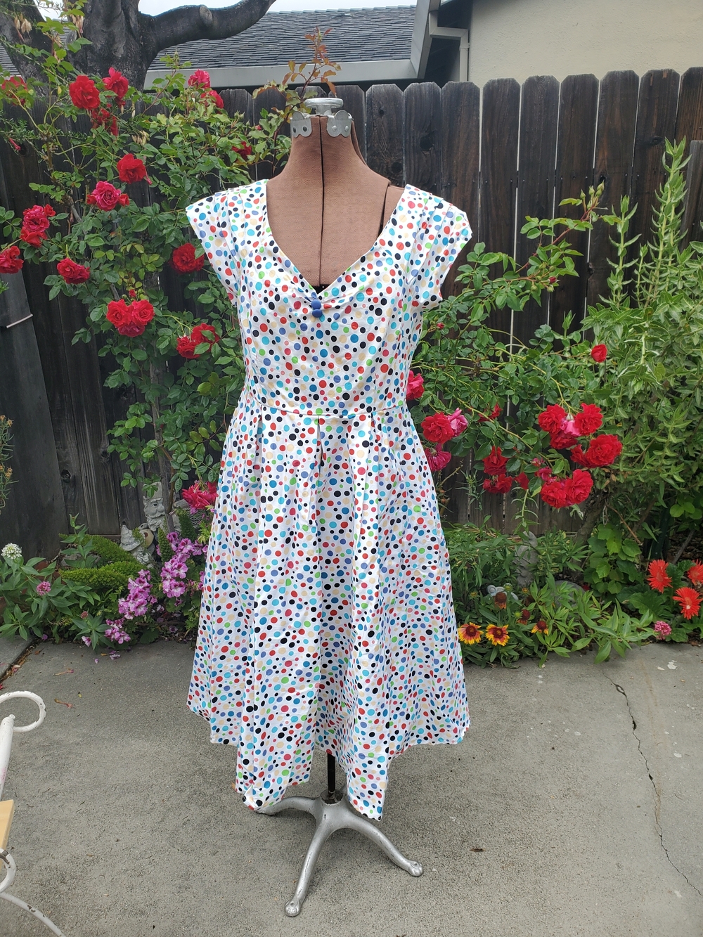 Dollcake White Multicolor Polka Dot Fit-&-Flare Midi Dress
